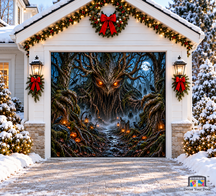 Creature in the Black Forest Halloween Garage Door Cover — one-car front view