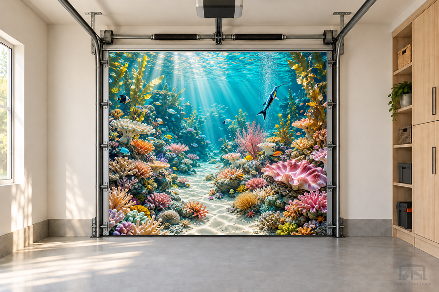 Crystal Reef Awakening interior garage door cover — one-car garage front view