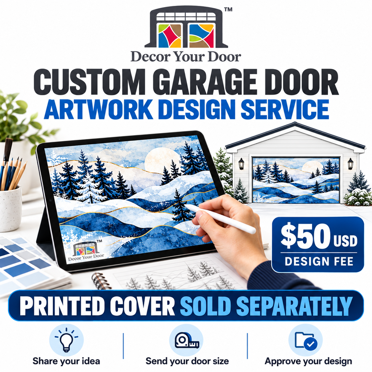 Decor Your Door custom garage door artwork design service. $50 USD design fee. Printed cover sold separately.