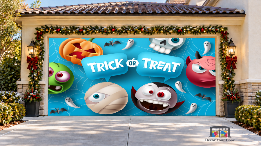 Cute Trick or Treat Monsters Halloween Garage Door Cover — two-car front view
