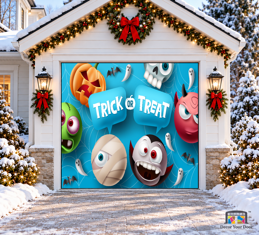 Cute Trick or Treat Monsters Halloween Garage Door Cover — one-car front view