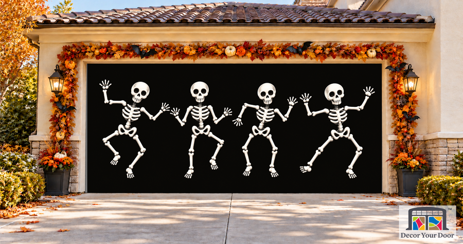 Dancing Skeletons Halloween Garage Door Cover — two-car front view