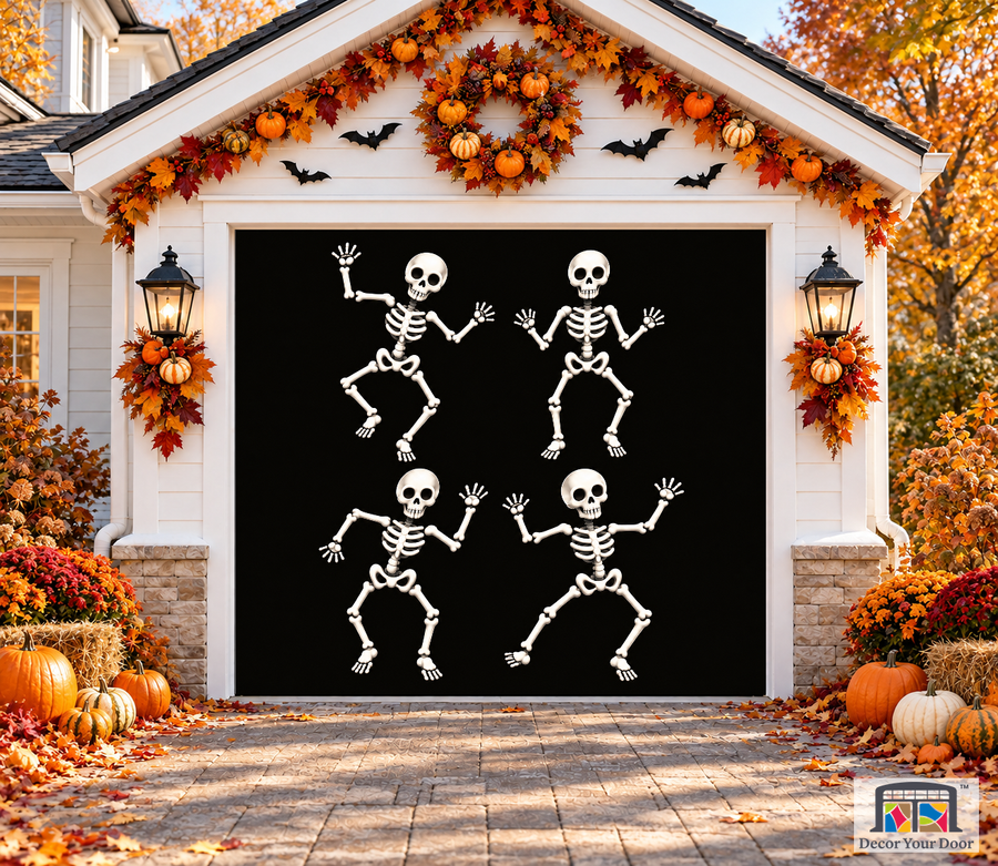 Dancing Skeletons Halloween Garage Door Cover — one-car front view