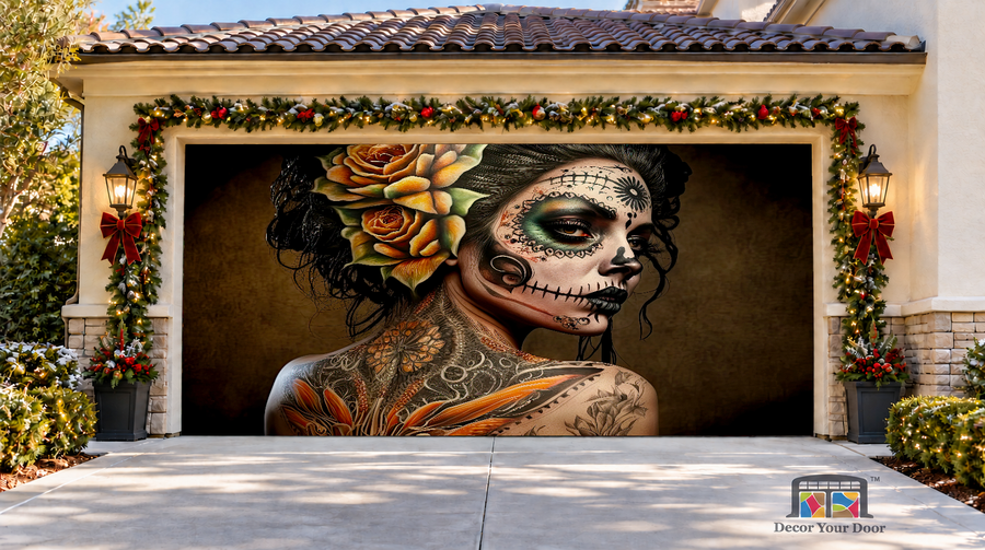 Day of the Dead Girl Halloween Garage Door Cover — two-car front view