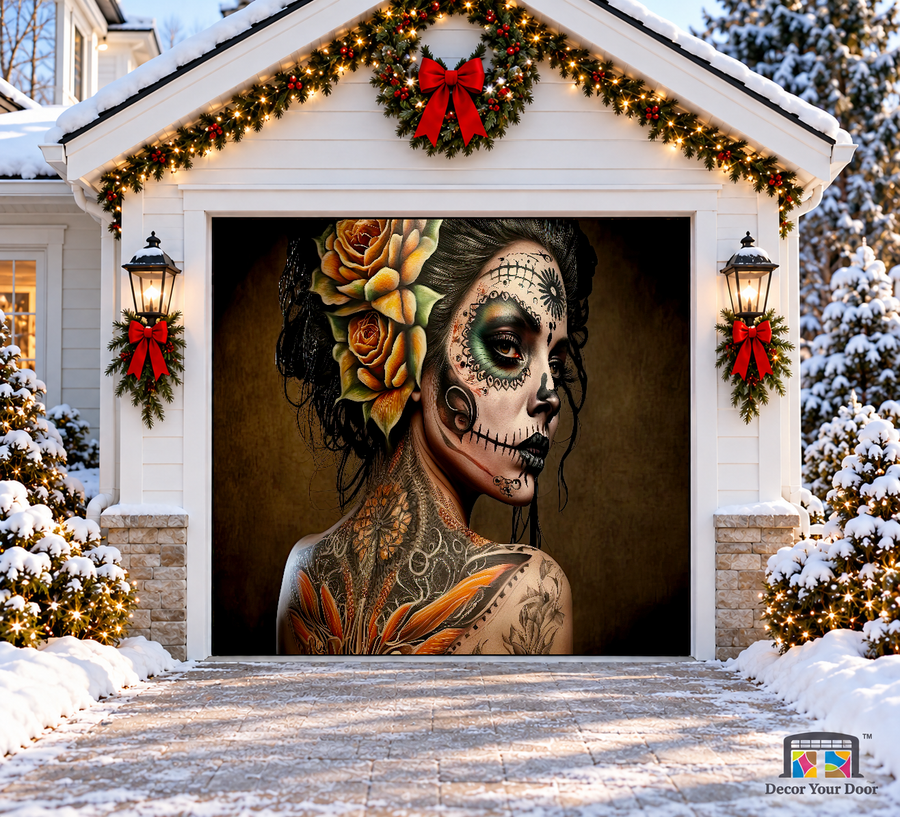 Day of the Dead Girl Halloween Garage Door Cover — one-car front view