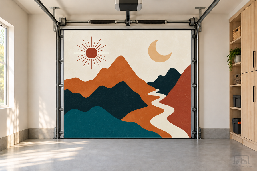 Desert Sun & Moon Harmony interior garage door cover — one-car front view