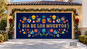 Fondo para puerta de garaje con temática del Día de los Muertos y coloridas flores mexicanas