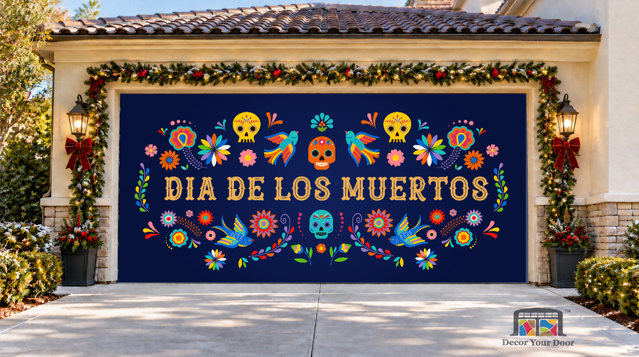 Dia de los Muertos Floral Halloween Garage Door Cover — two-car front view