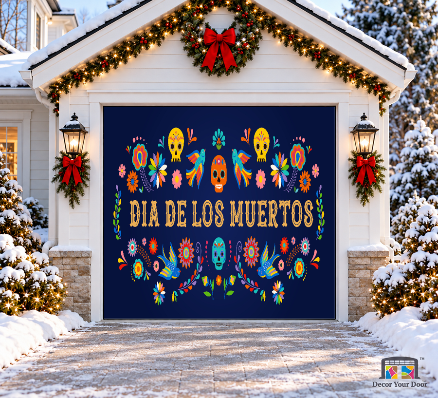 Dia de los Muertos Floral Halloween Garage Door Cover — one-car front view