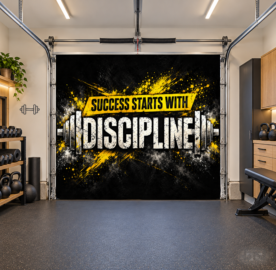 Discipline Starts Success interior garage door cover — one car front