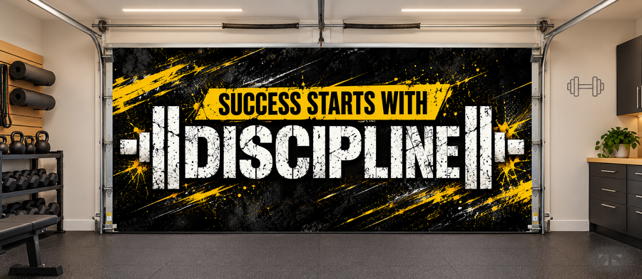 Discipline Starts Success interior garage door cover — two car front