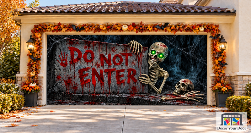 Do Not Enter Skeleton Halloween Garage Door Cover — two-car front view