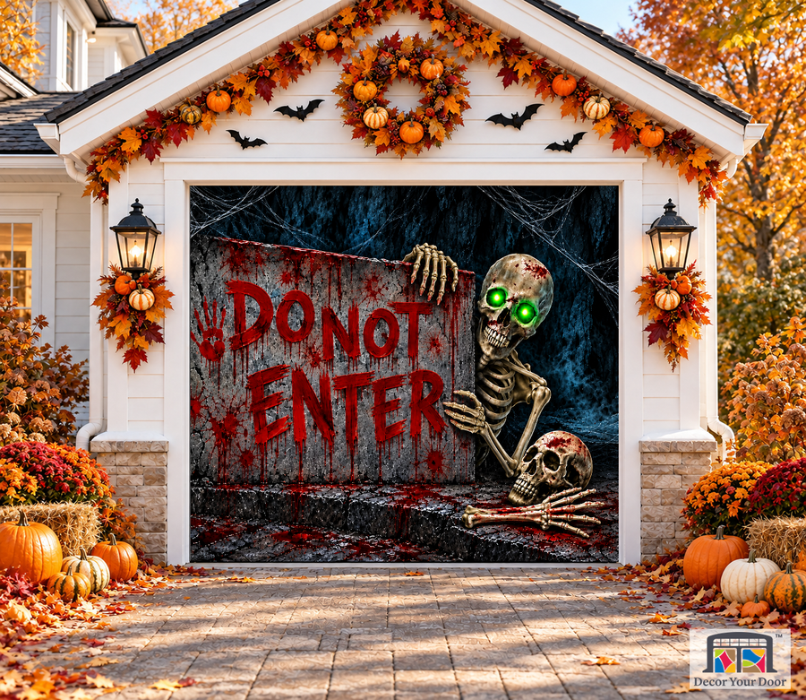 Do Not Enter Skeleton Halloween Garage Door Cover — one-car front view