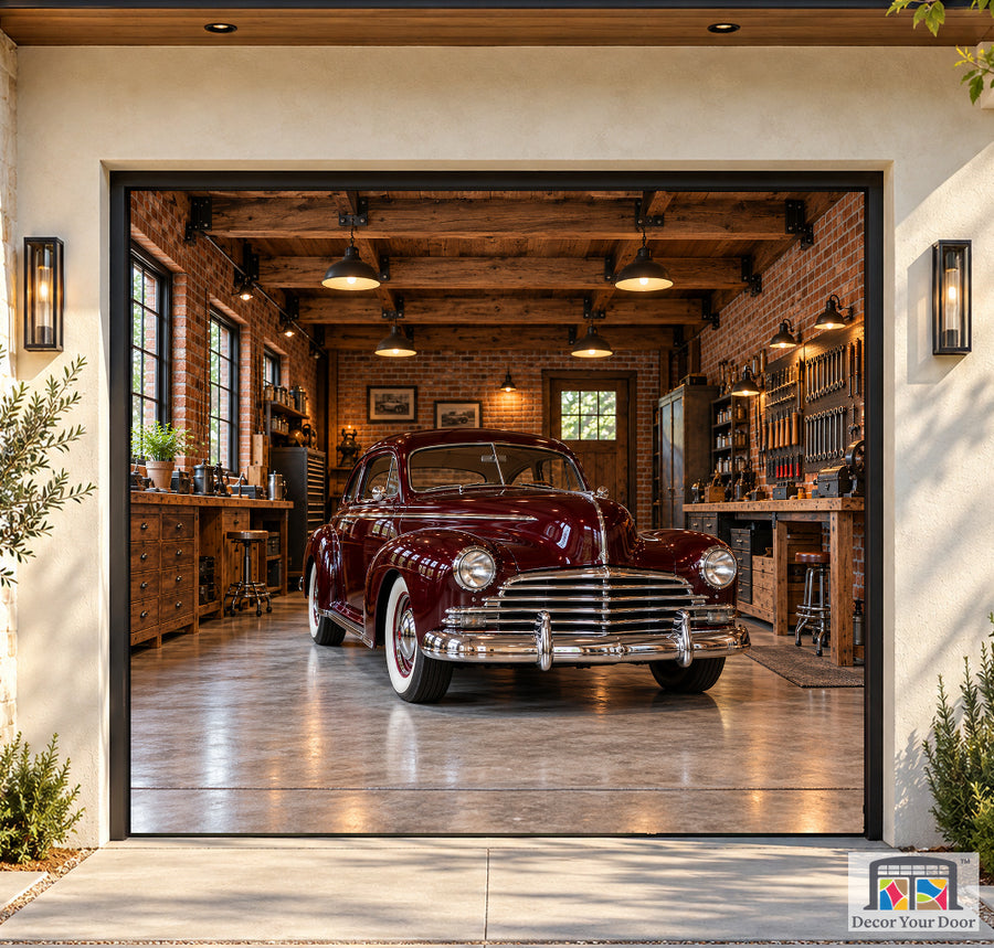 Classic-Car Workshop garage door cover — Boutique Home — One-Car Front