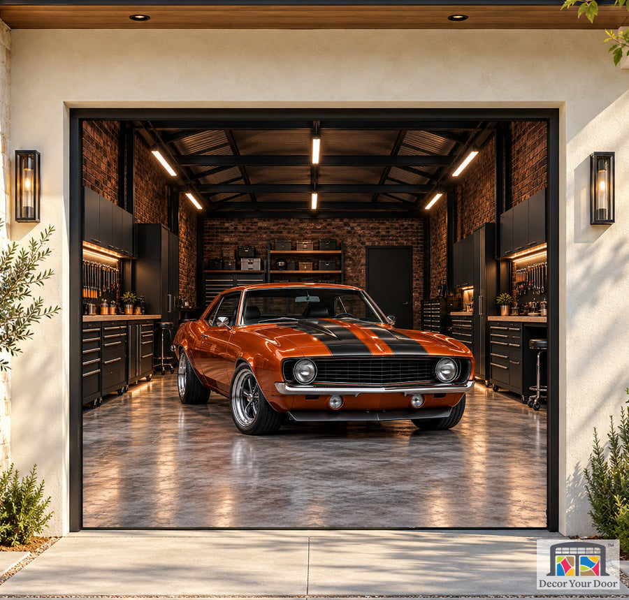American Muscle Garage garage door cover — Boutique Home — One-Car Front
