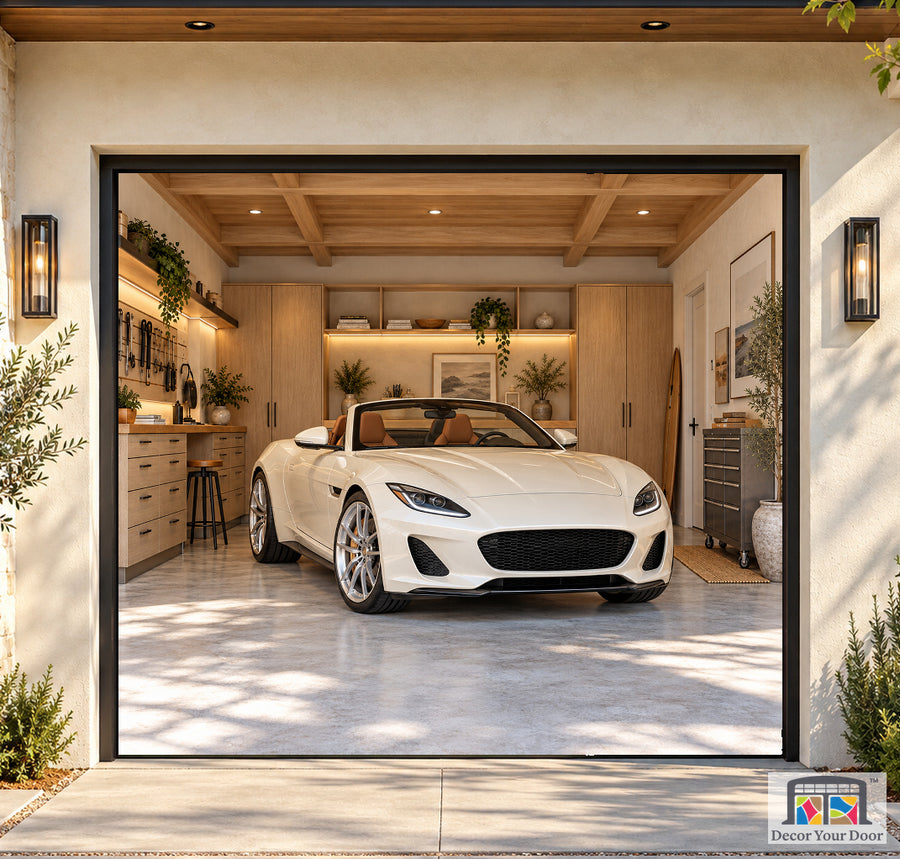 Coastal California Garage garage door cover — Boutique Home — One-Car Front