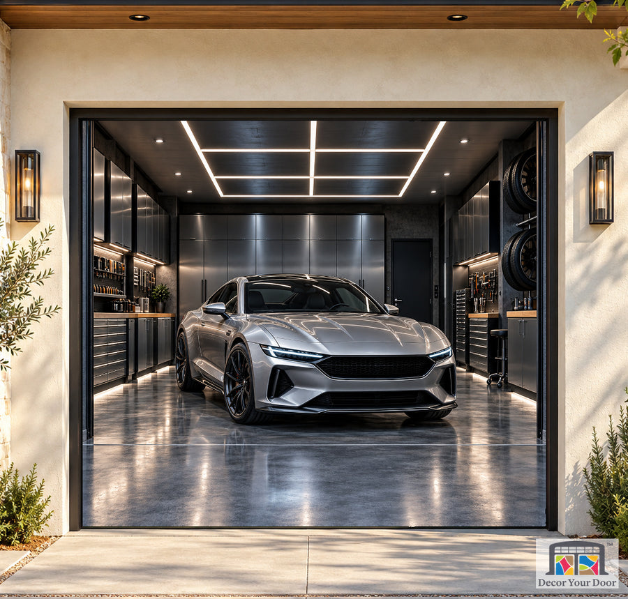 Futuristic Performance Garage garage door cover — Boutique Home — One-Car Front