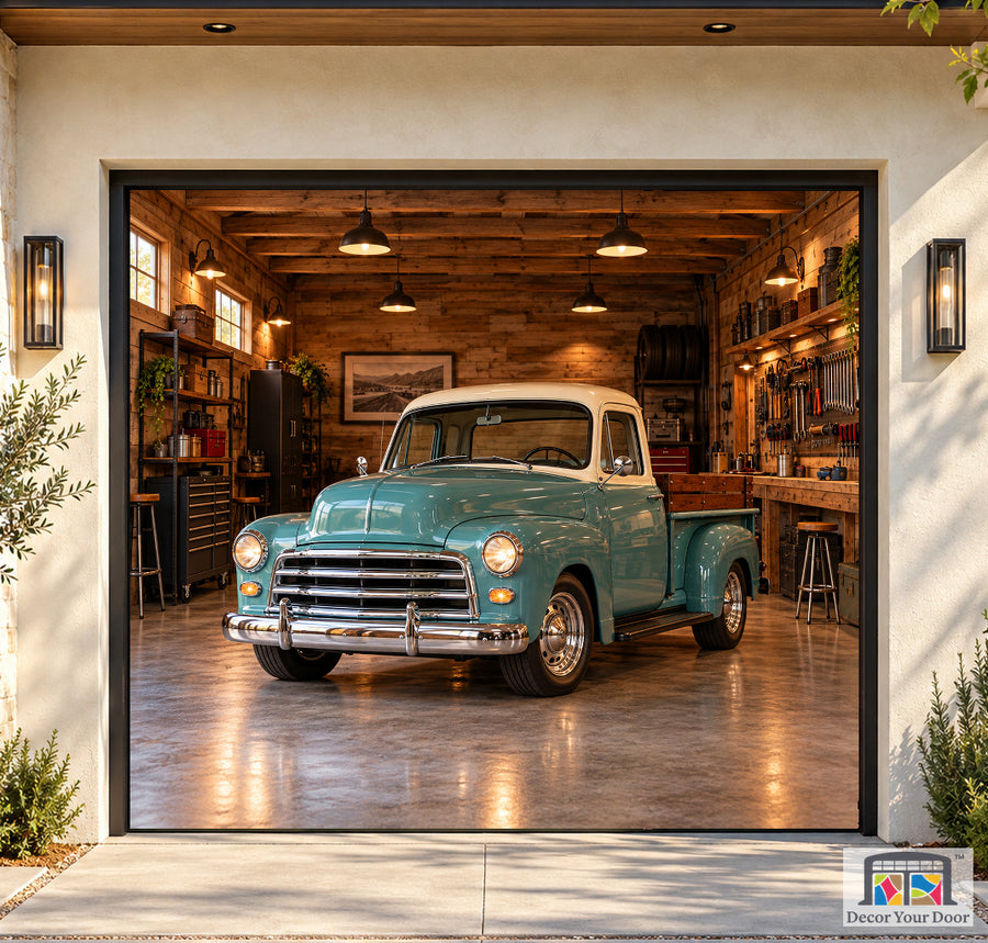 Rustic Pickup Workshop garage door cover — Boutique Home — One-Car Front