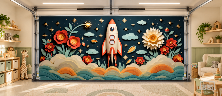 Dreamy Rocket Garden interior garage door cover — TwoCar-front in a nursery garage playroom