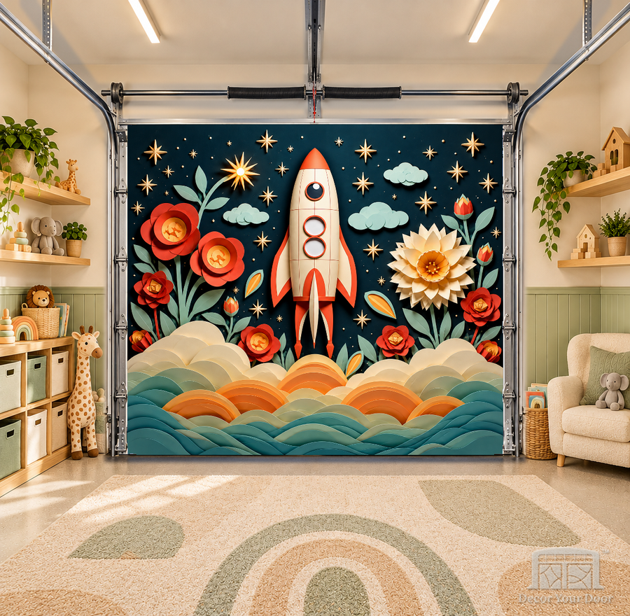 Dreamy Rocket Garden interior garage door cover — OneCar-front in a nursery garage playroom