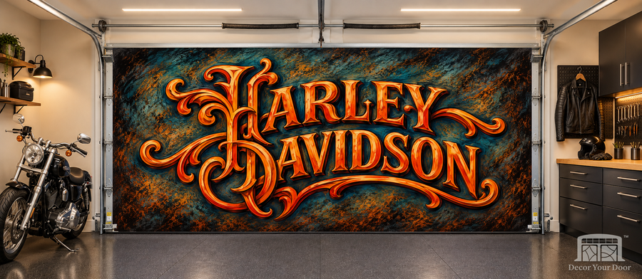 Harley Heritage Script interior garage door cover — TwoCar-front — Decor Your Door