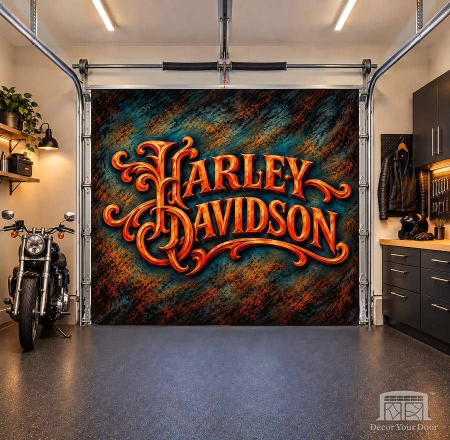 Harley Heritage Script interior garage door cover — OneCar-front — Decor Your Door
