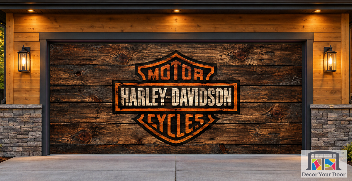 Same cedar Craftsman garage after, with the Rustic Ride wood-look printed garage door cover