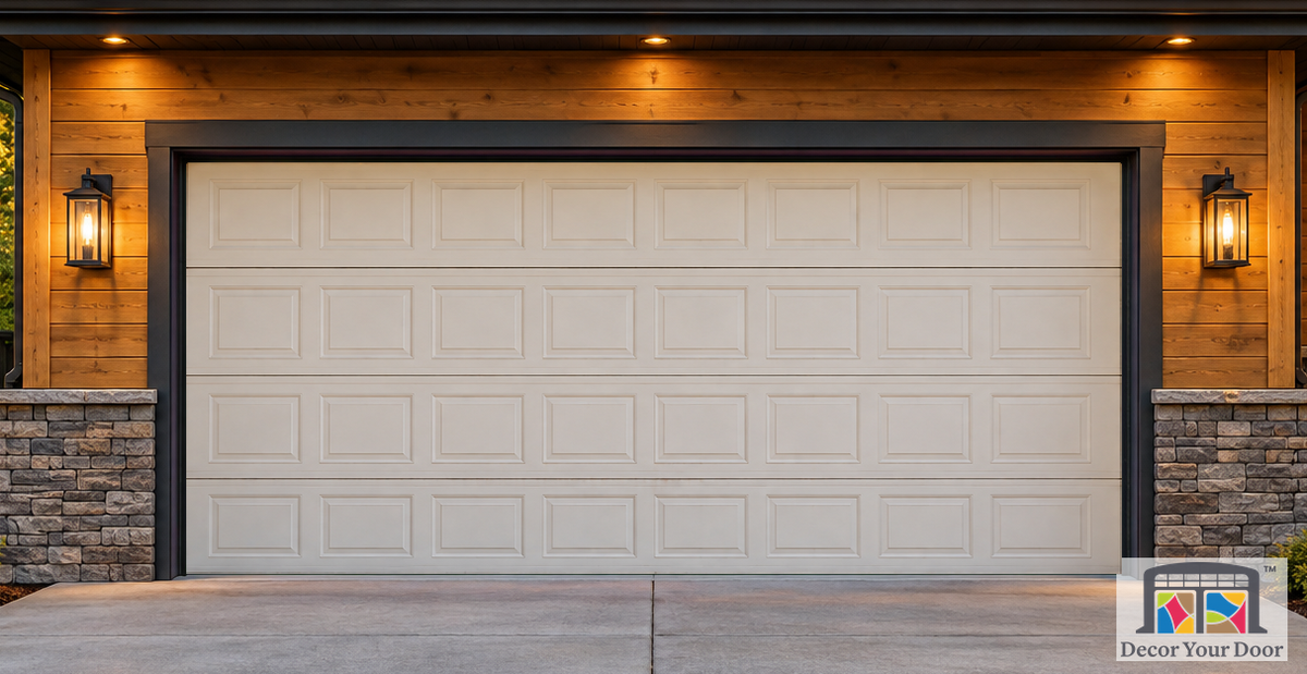 Same cedar Craftsman garage before, with the approved raised-panel door