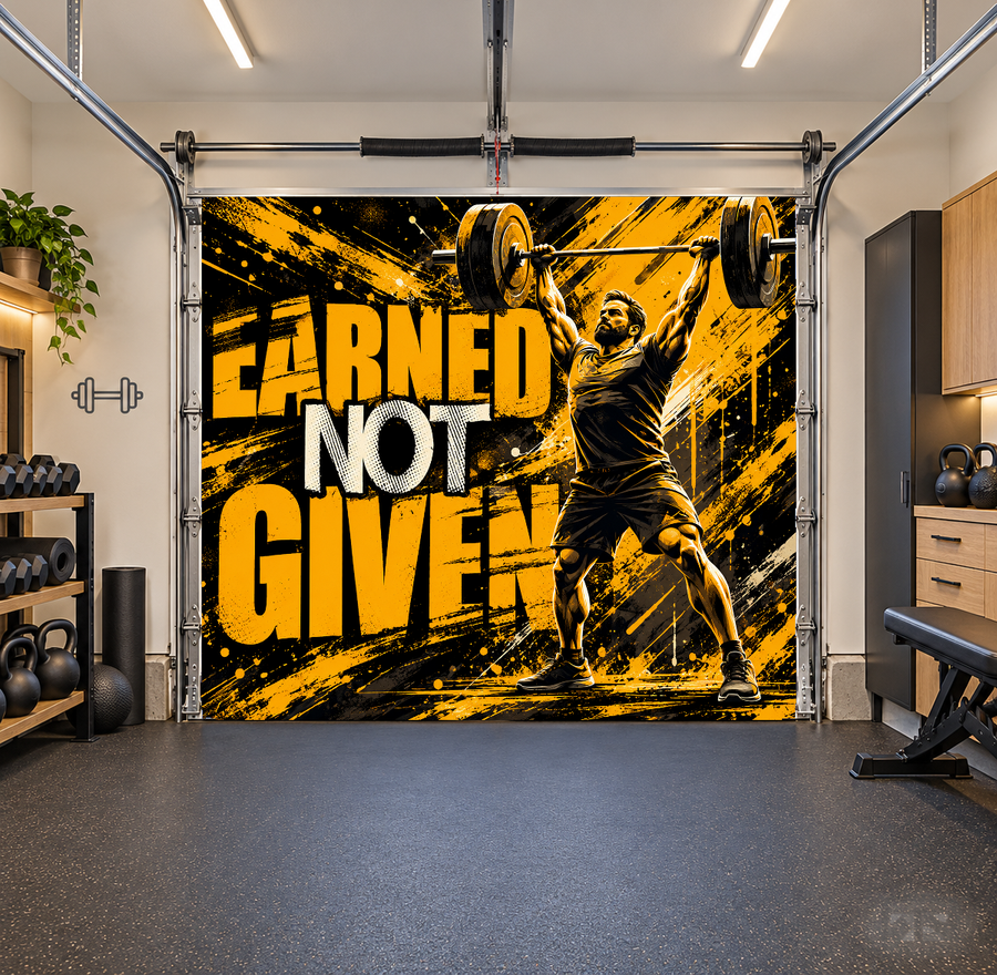 Earned Not Given interior garage door cover — one car front