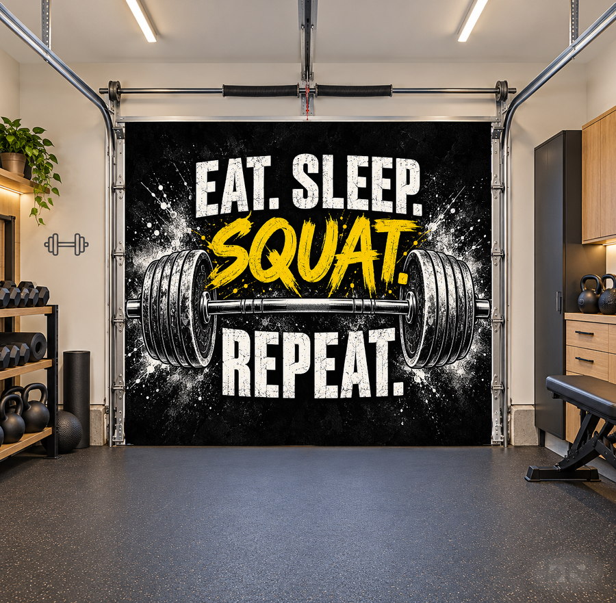 Eat Sleep Squat Repeat interior garage door cover — one car front