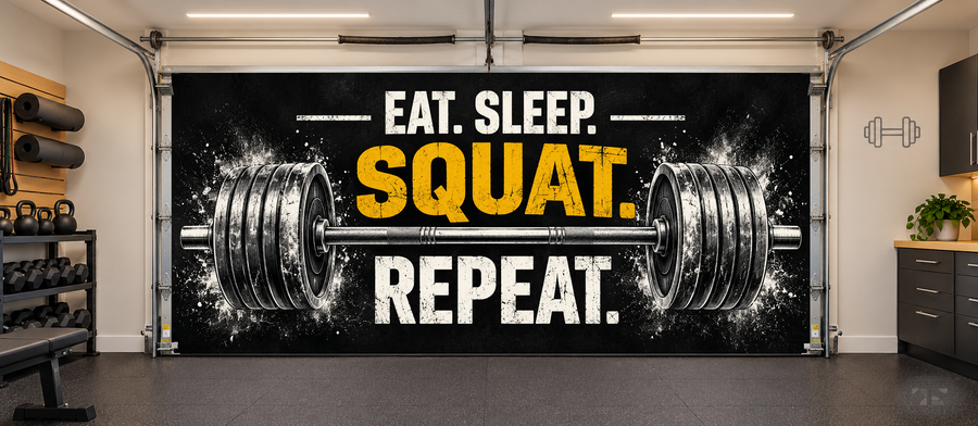 Eat Sleep Squat Repeat interior garage door cover — two car front