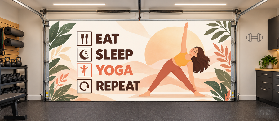 Eat Sleep Yoga Repeat interior garage door cover — two car front