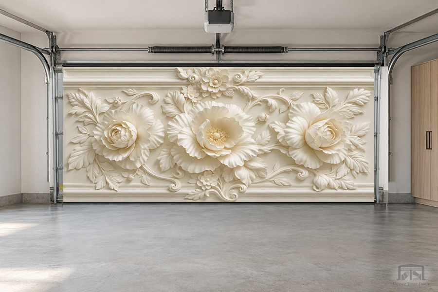 Elegant Bloom Relief interior garage door cover — two-car garage front view