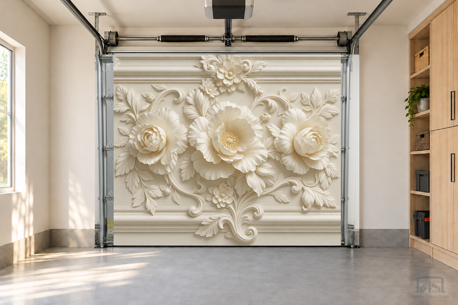 Elegant Bloom Relief interior garage door cover — one-car garage front view