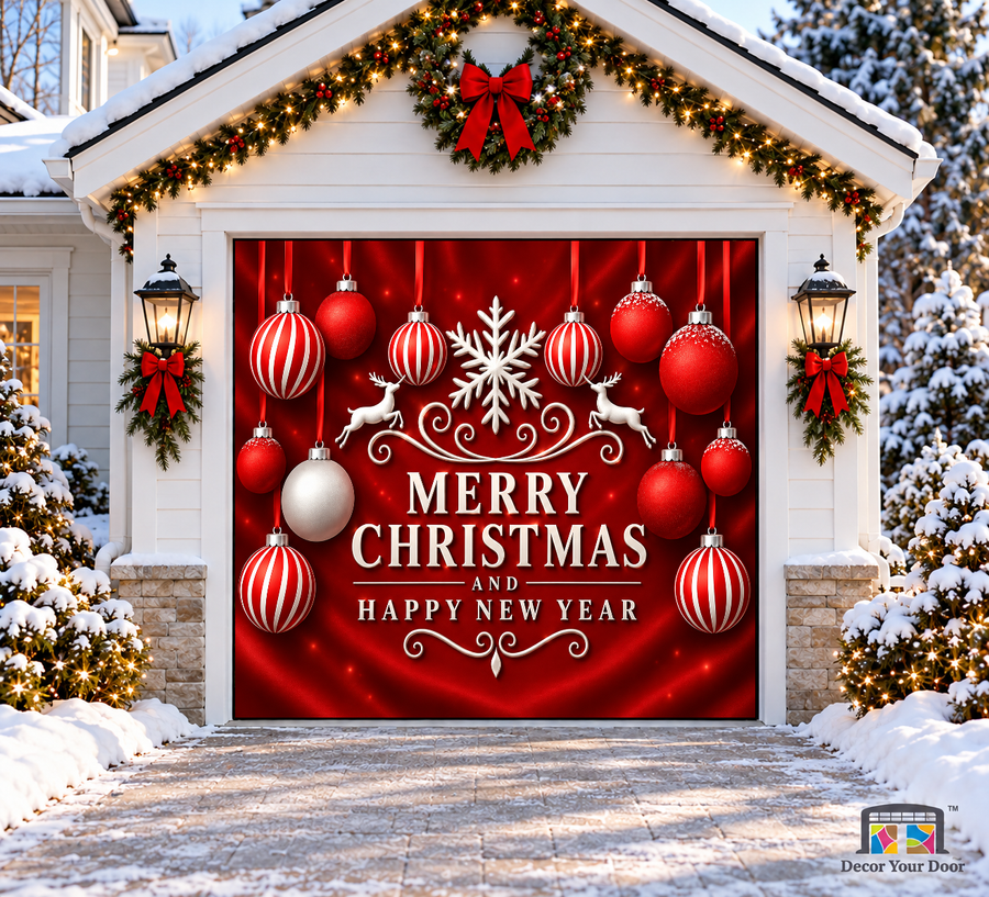 Elegant Christmas Greetings Garage Door Cover — one-car garage front view