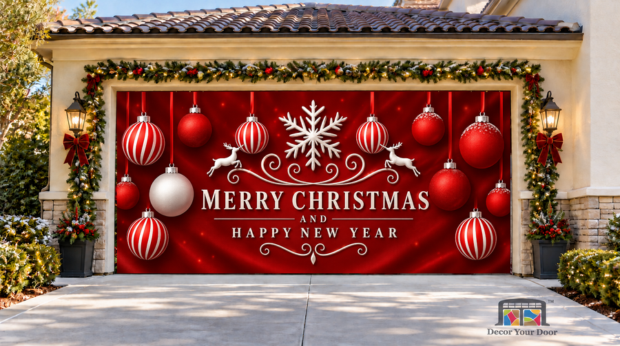 Elegant Christmas Greetings Garage Door Cover — two-car garage front view