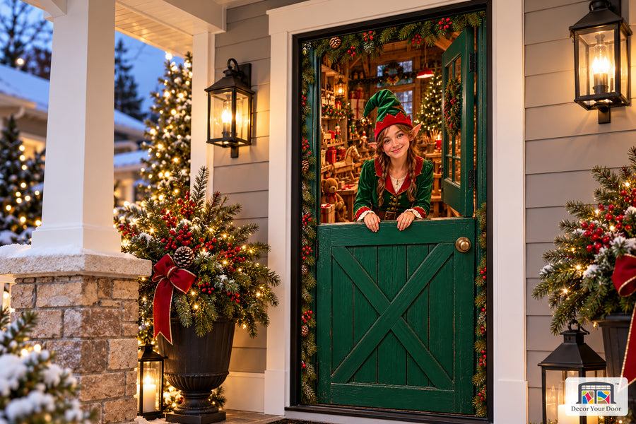 Elf at the Workshop Dutch Door Front Door Cover on the approved Christmas porch, angled view.