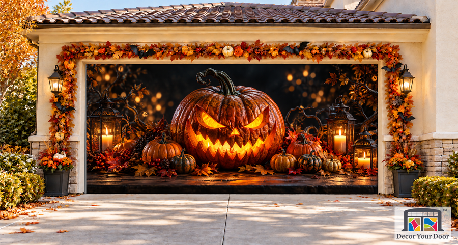 Ember Pumpkin Halloween garage door cover – Two Car front view