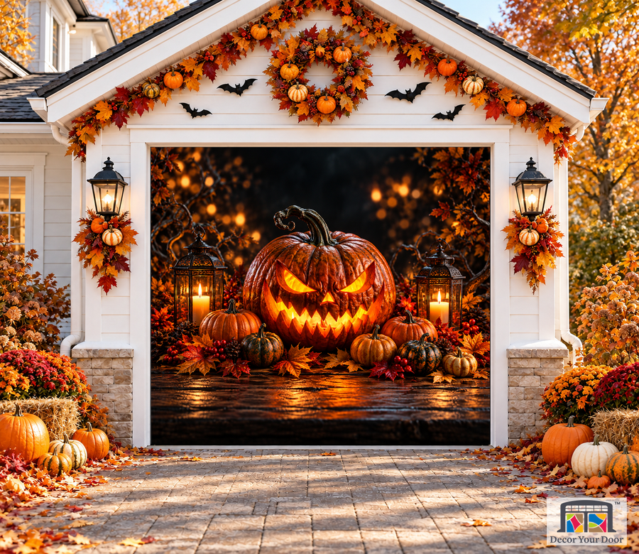 Ember Pumpkin Halloween garage door cover – One Car front view