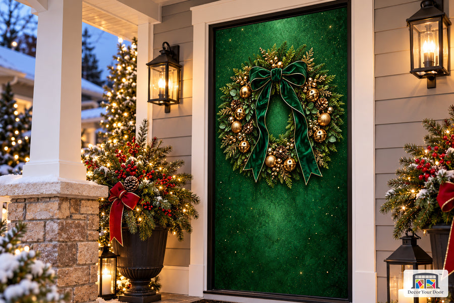Emerald Christmas Wreath Front Door Cover on the approved Christmas porch, angled view.