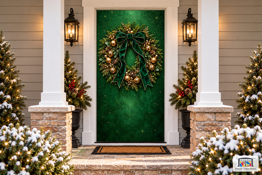 Emerald Christmas Wreath Front Door Cover on a snowy Christmas porch, front view.