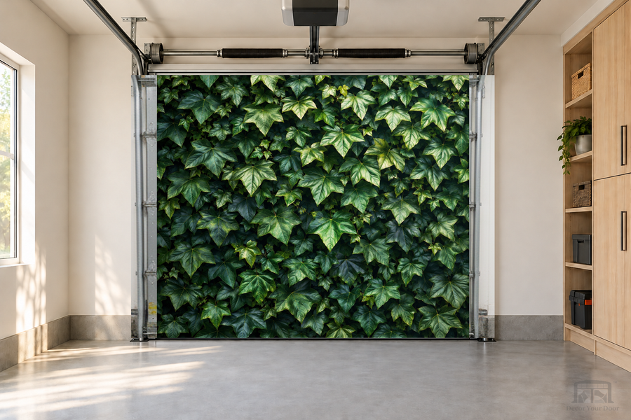 Emerald Ivy Wall interior garage door cover — one-car garage front view