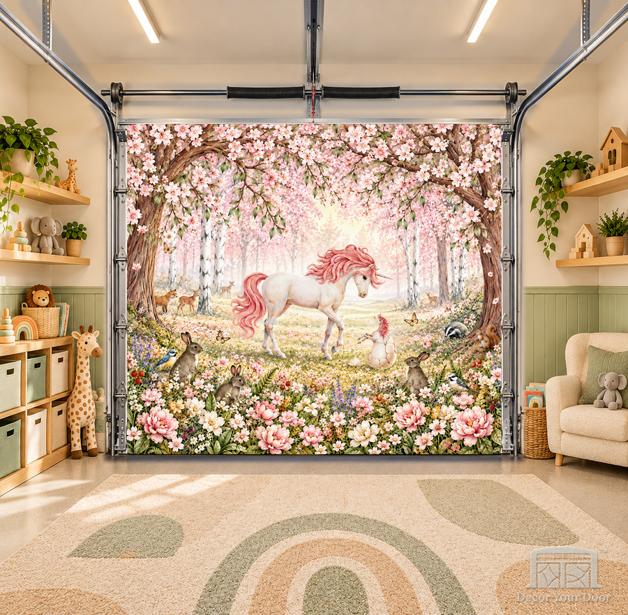 Enchanted Blossom Meadow interior garage door cover — OneCar-front in a nursery garage playroom