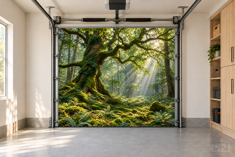 Enchanted Forest Light interior garage door cover — one-car front view