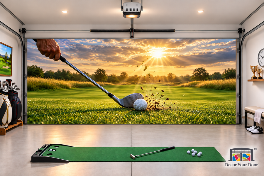 Every Shot, A New Chance interior garage door cover — two-car front view