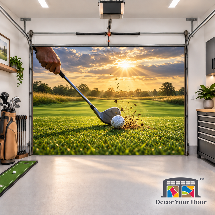 Every Shot, A New Chance interior garage door cover — one-car front view