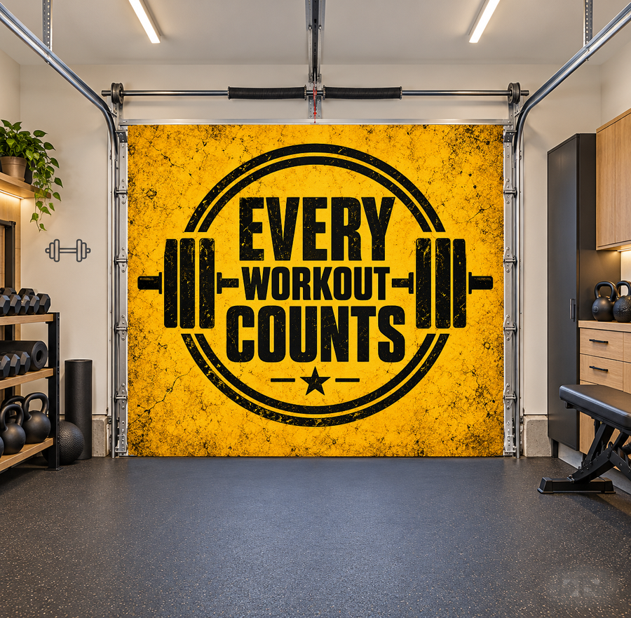 Every Workout Counts interior garage door cover — one car front