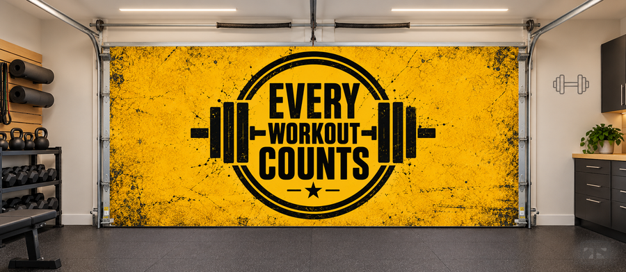 Every Workout Counts interior garage door cover — two car front