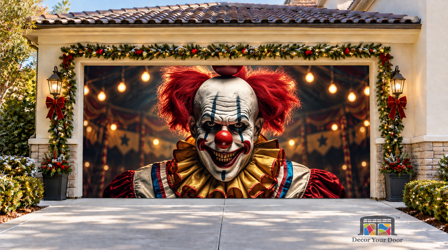 Evil Clown Portrait Halloween Garage Door Cover — two-car front view