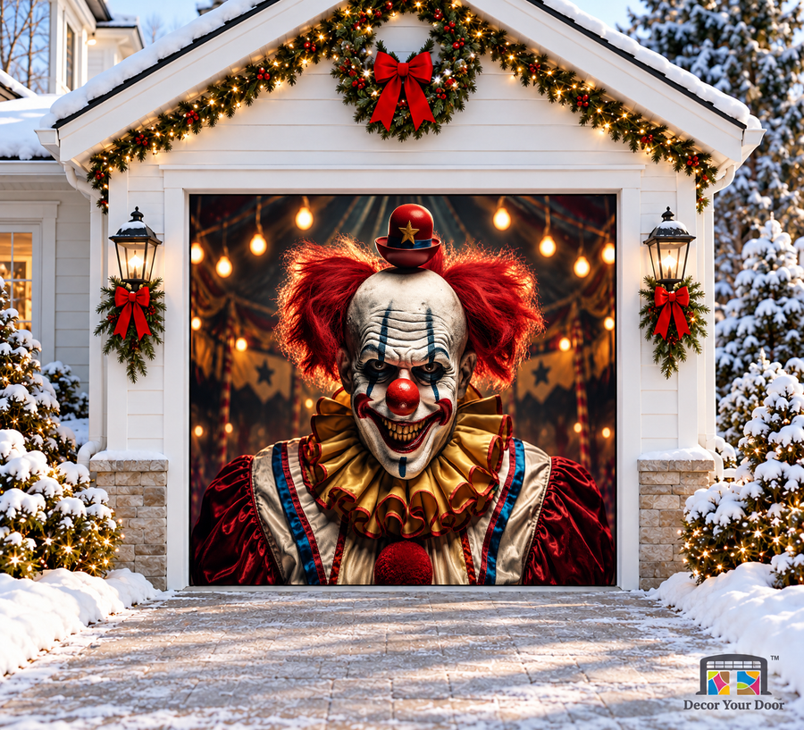 Evil Clown Portrait Halloween Garage Door Cover — one-car front view